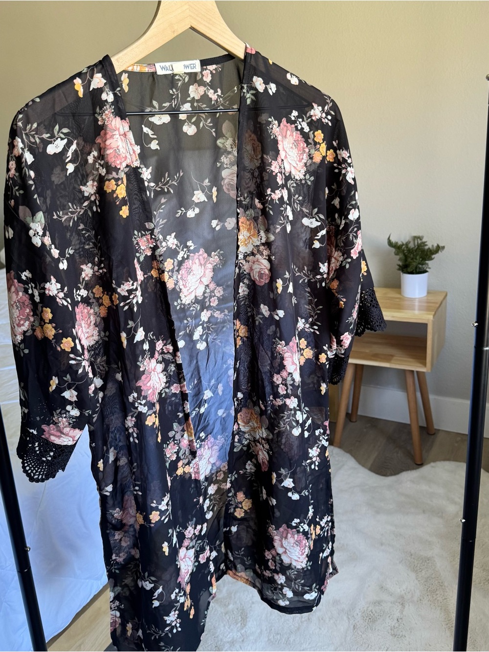 Wallflower Black Floral Sheer Kimono with Lace Trim